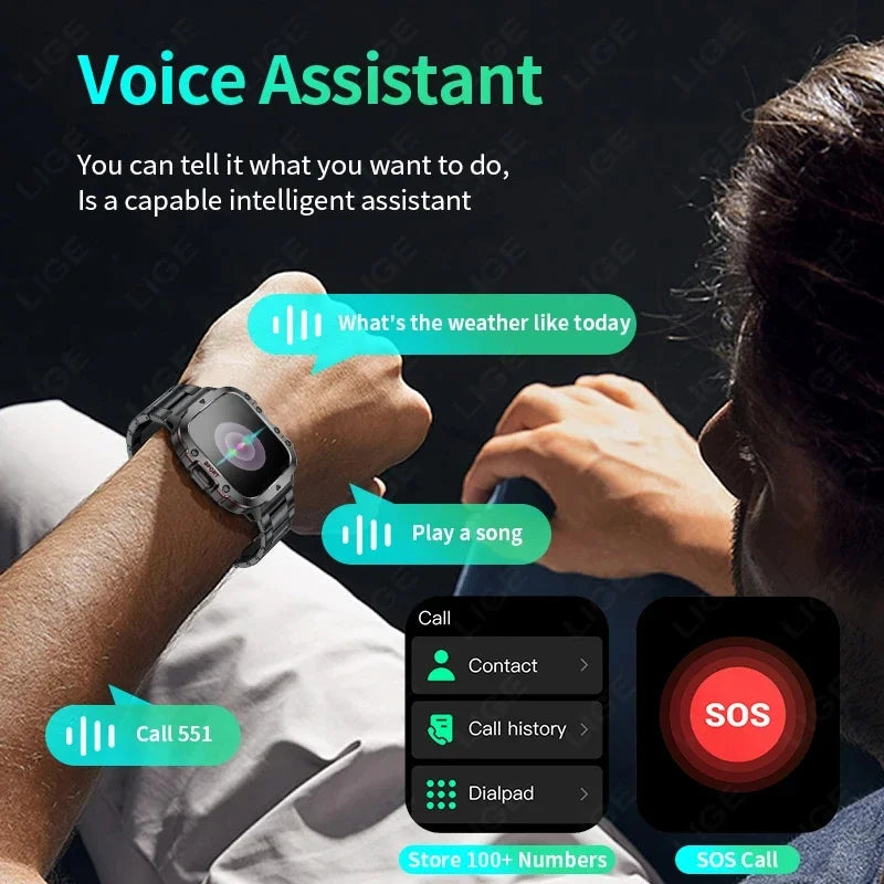 2026 Rugged Military Smart Watch Men Outdoor Watches lP68 Waterproof 2.01" Al Voice Bluetooth Call Smartwatch For Android lOS
