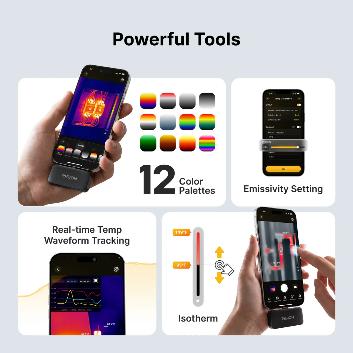RISION Magic Thermal Camera, Hot/Cold Spot Track, Live Temp for USB-C iOS, Android & Win, 320x240 QuadIR, w/-4°F~1112°F , ±3.6℉ Accuracy 25Hz Thermal Imaging Camera for HVAC/Electrical Inspection