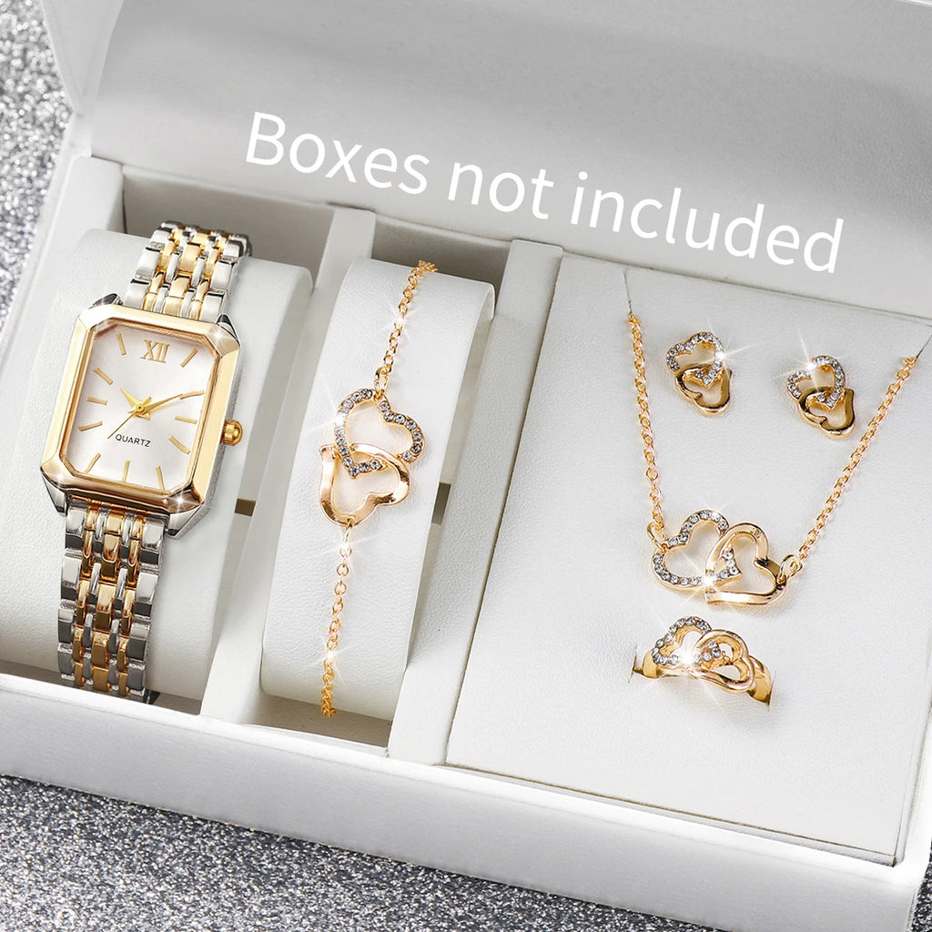 6PCS Elegant Women Rectangle Roma Dial Wristwatch Fashion Alloy Strap Quartz Watch With Diamond Heart Jewelry Set(Without Box)
