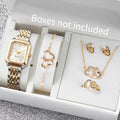 6PCS Elegant Women Rectangle Roma Dial Wristwatch Fashion Alloy Strap Quartz Watch With Diamond Heart Jewelry Set(Without Box)