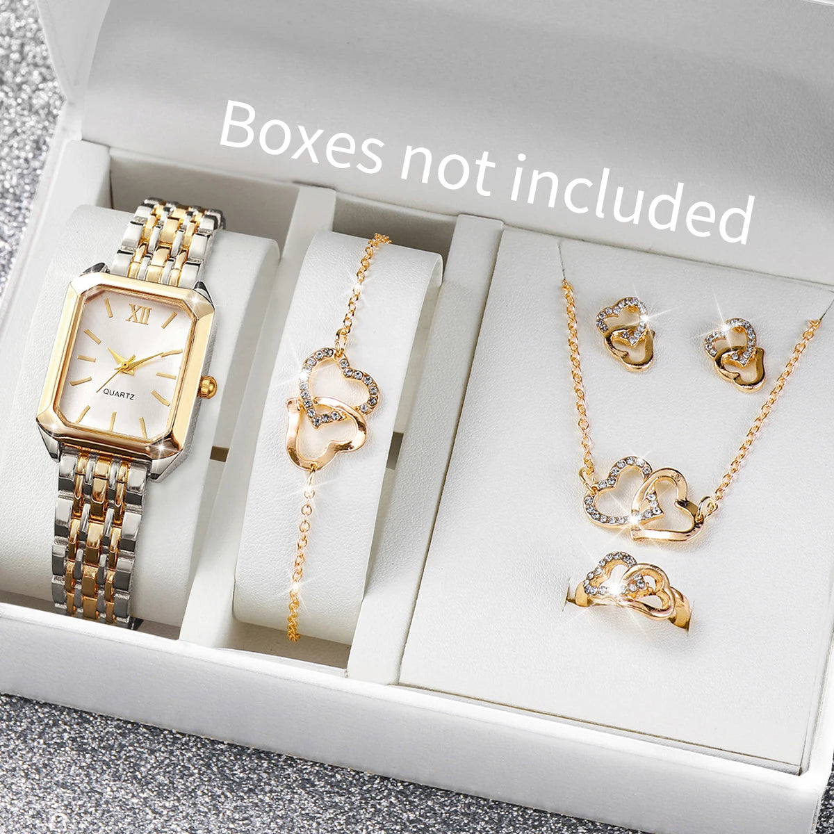 6PCS Elegant Women Rectangle Roma Dial Wristwatch Fashion Alloy Strap Quartz Watch With Diamond Heart Jewelry Set(Without Box)