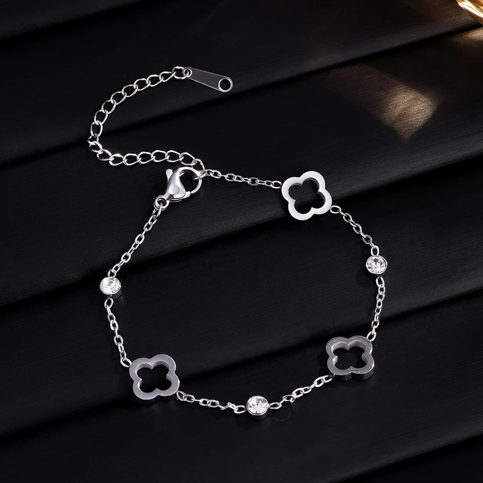 Classic Hollowed-out Four-leaf Flower Zircon Inlaid Stainless Steel Bracelet Trendy Party Clover Jewelry Gift For Women