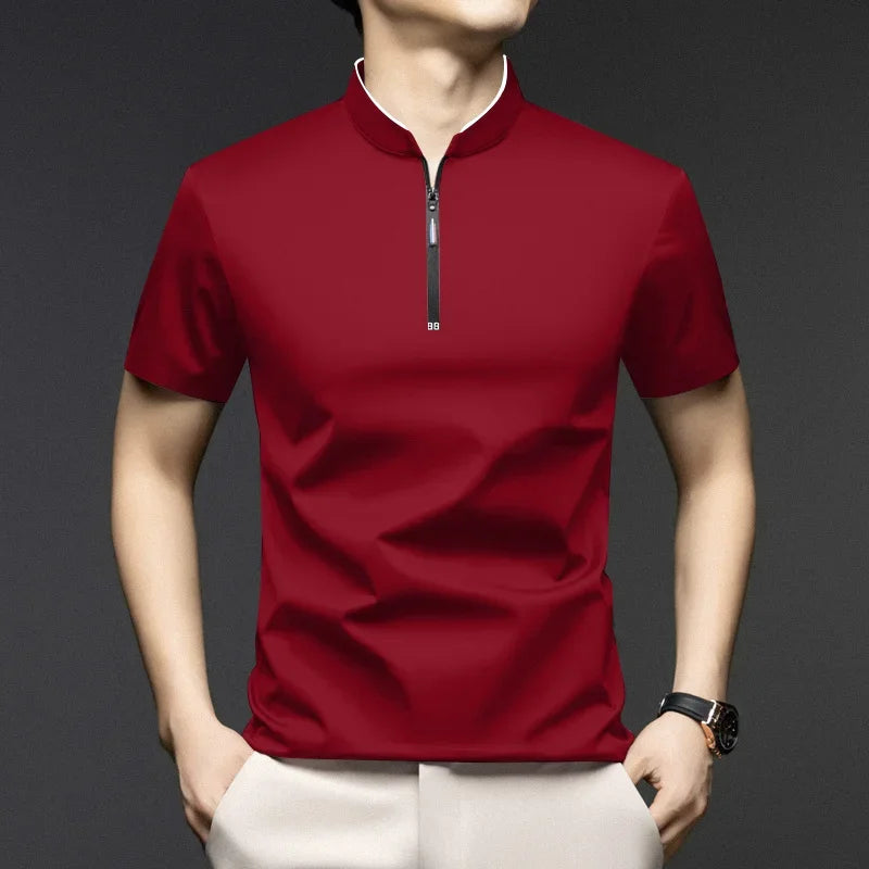 2025 New Men's Casual Fashion Zipper Solid Color Short Sleeved Polo Shirt Stand Up Collar Versatile Comfortable Top