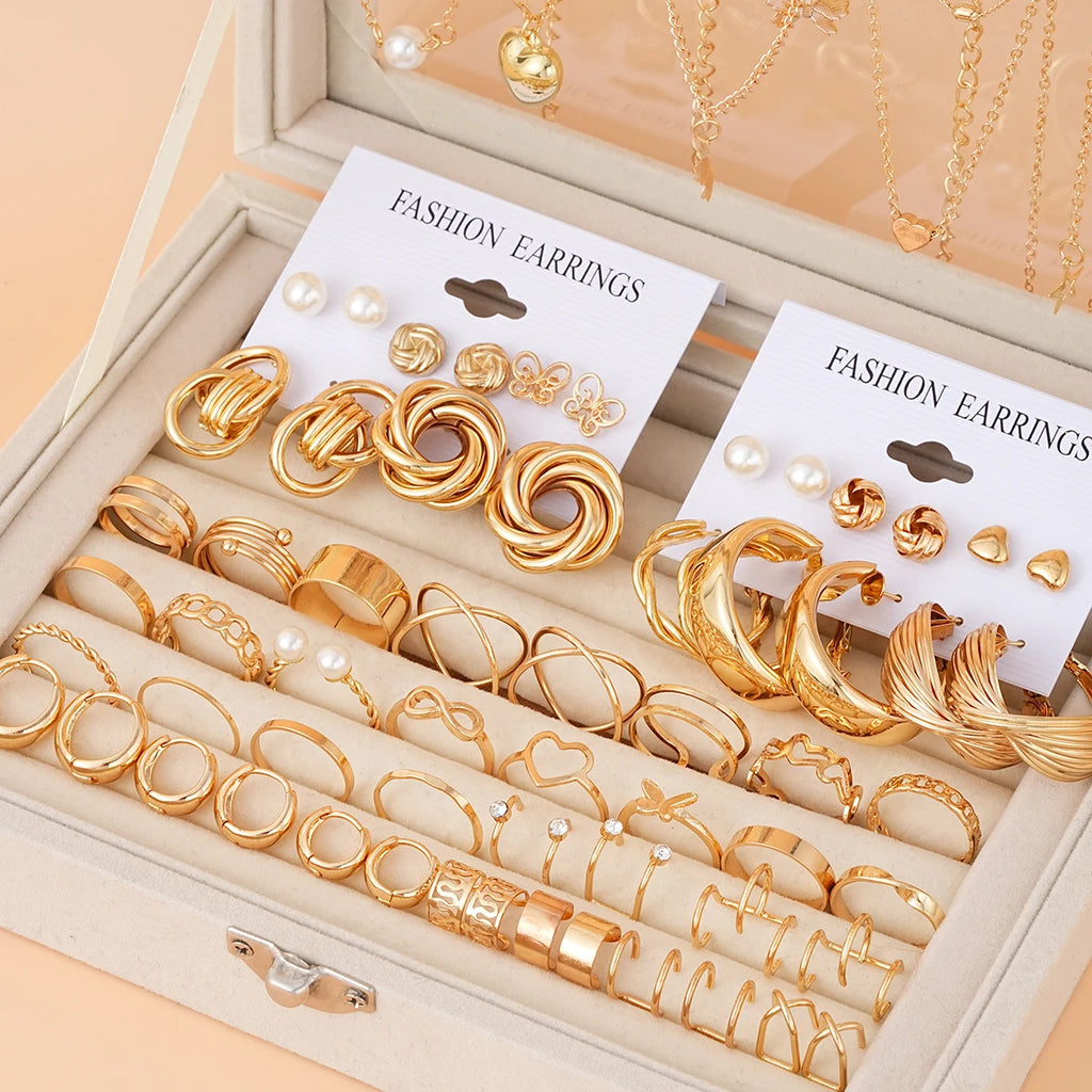 68 Pcs Boho Chic Jewelry Set Vintage Heart Pearl Zircon Butterfly Pendant Earrings Ring Necklace For Women Daily Wear Gifts 2024