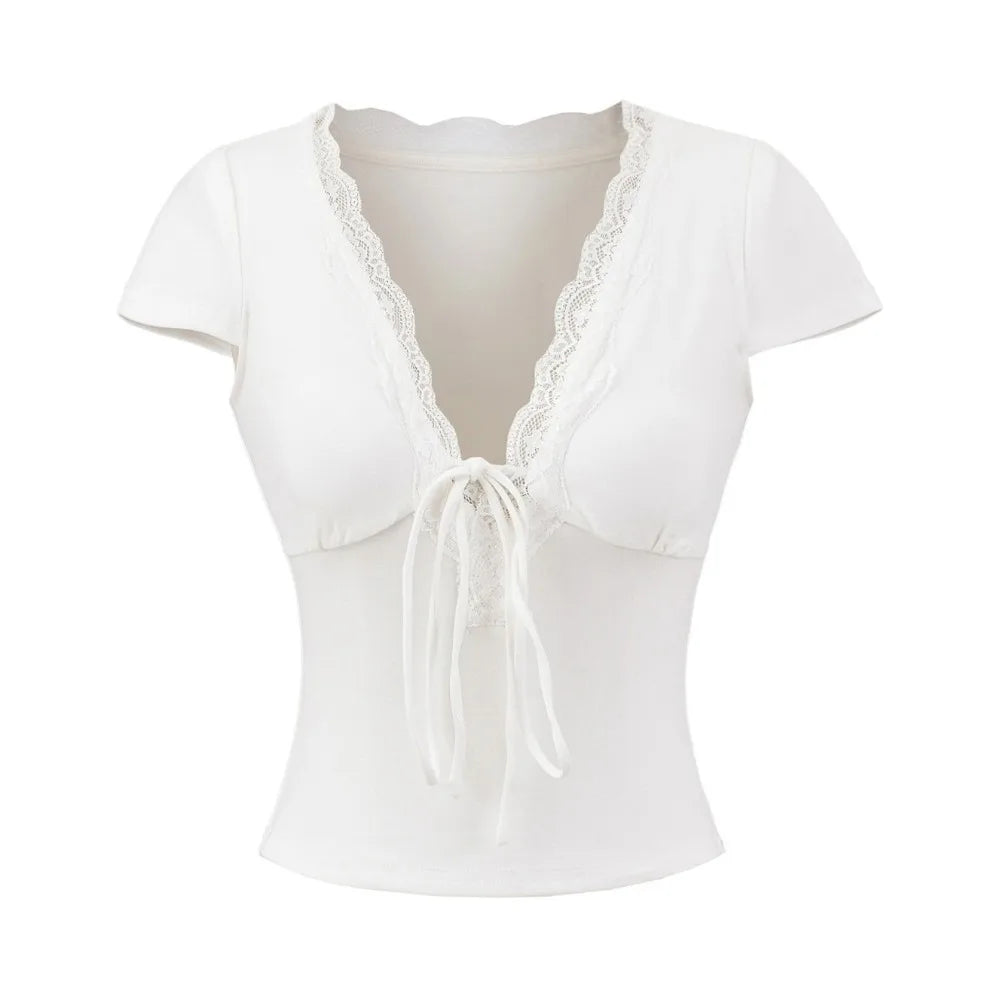 Chic V Neck Slim Crop Tops Short Sleeve Sweet Bottoming T-shirt Lace Elastic Camisole Streetwear