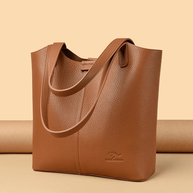Genuine Brand Soft Leather Shoulder Bag For Women Casual Tote Bag Female Solid Color Purse Simple Design Handbag Commuting Sac
