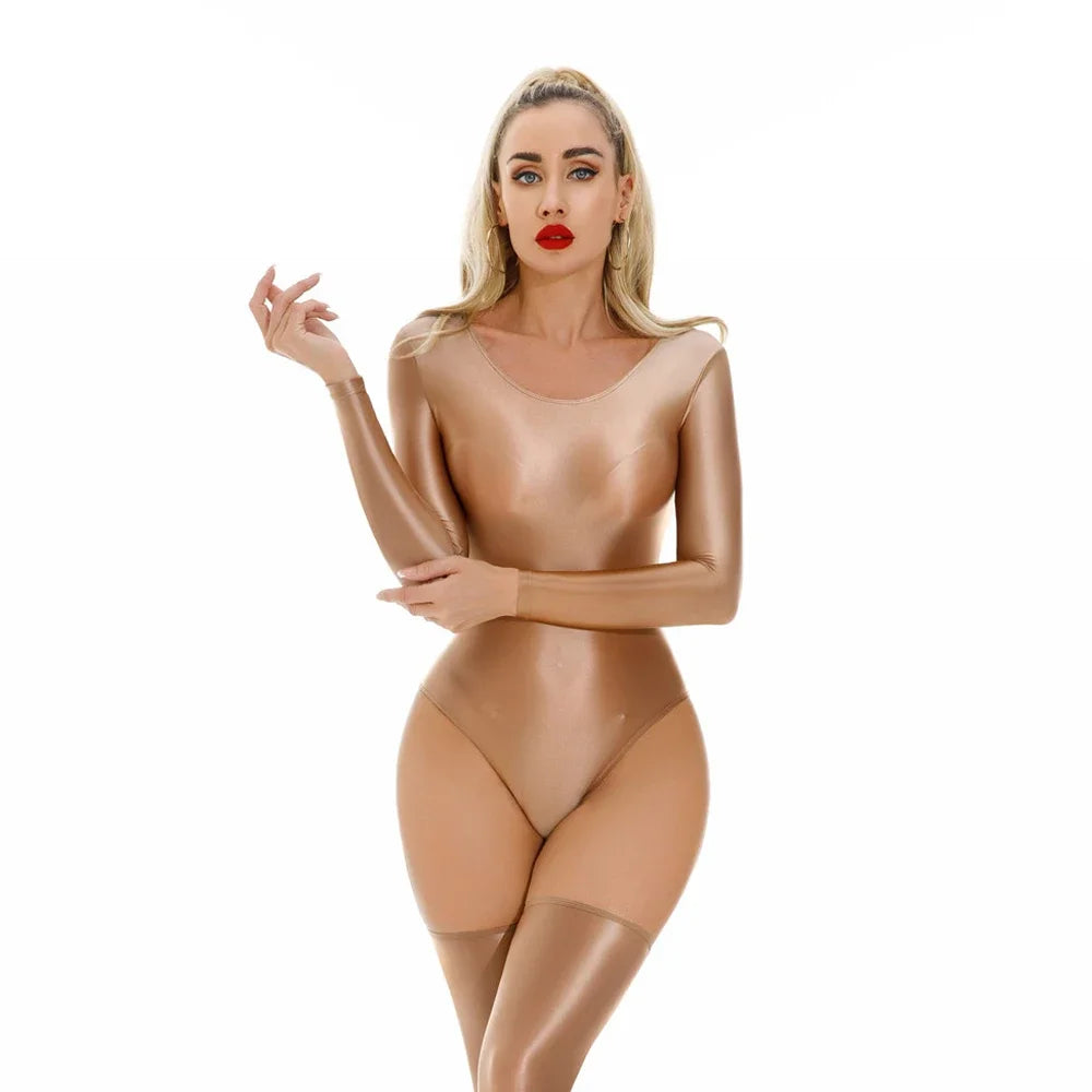 Sexy Women Stain Smooth HIgh Cut Bodysuit Oil Glossy Shiny Elastic Dance Tights Yoga Shaping Leotard One Pieces Thong