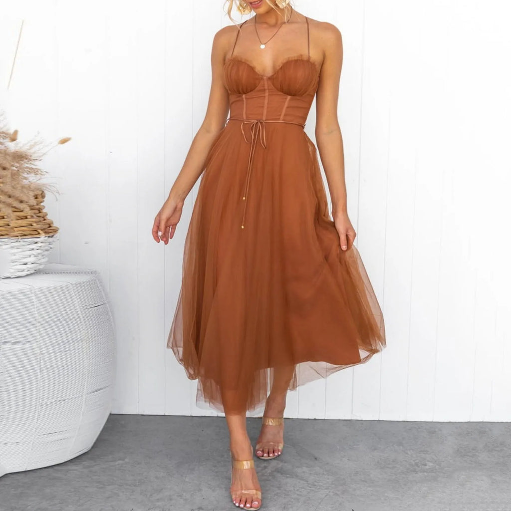 Elegant Midi Wrap A-Line Dress Women Spaghetti Strap 2025 High Waist Tulle Evening Dress Backless Sexy Party Dresses