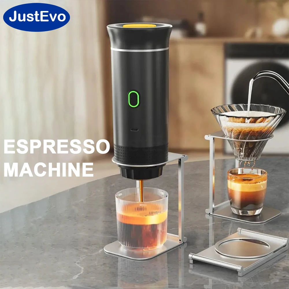 JustEvo Portable Espresso Machine 3-In-1 Travel Coffee Maker Compatible With Small Large Capsules And Ground Coffee Compact Electric Brewer For Car RV Camping Office Outdoor Your Mobile Coffee Shop