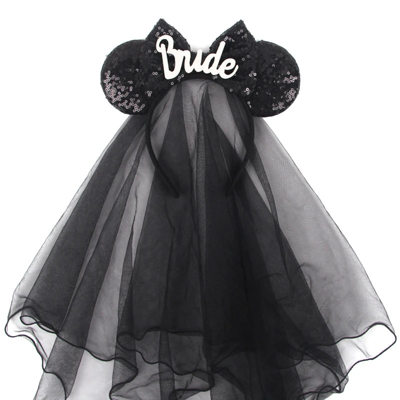 White Day Mouse Ears Headband With Veil Sequins 5"Bow Headwear For Women Festival Hairband Single Party DIY Hair Accessories