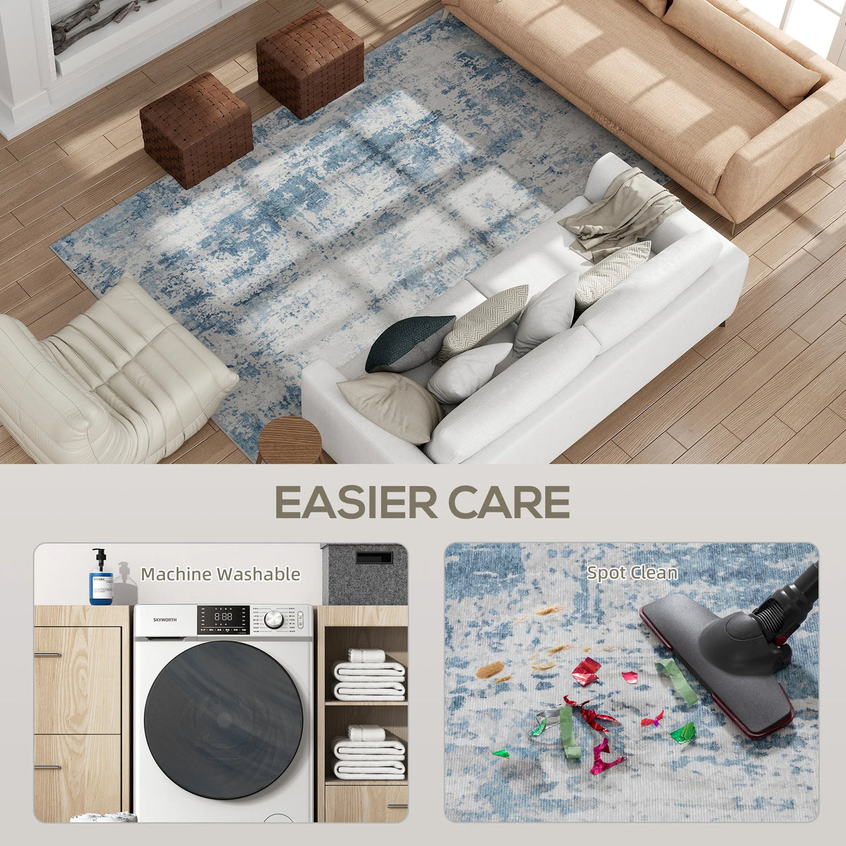 Area Rug 5x7, Machine Washable Rug, Non-Slip Modern Abstract Floor Cover Foldable Carpet, Blue