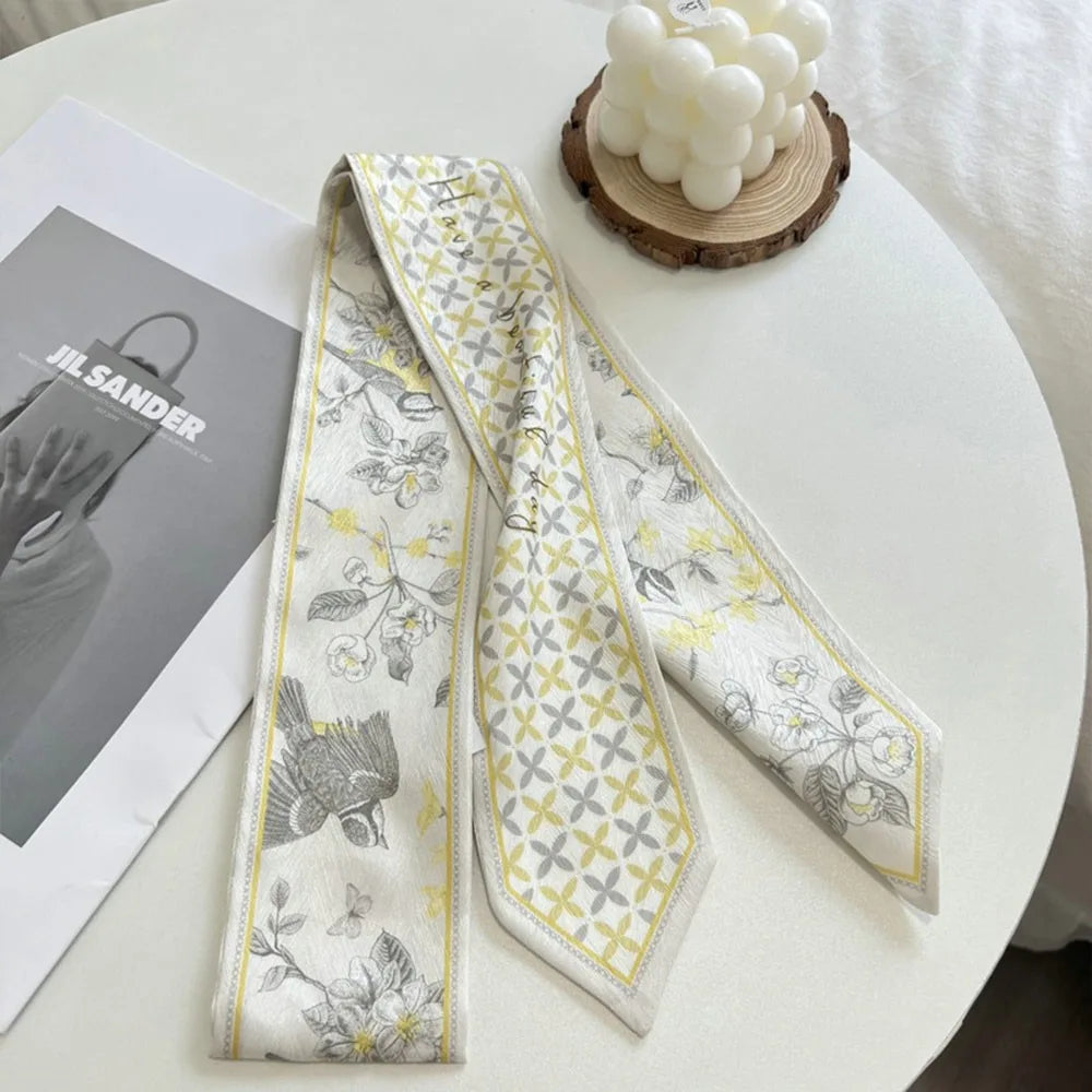 Summer Versatile Satin Silk Ribbon Scarf Long Thin Narrow Bag Strap Fresh Floral Hair Tie for Women