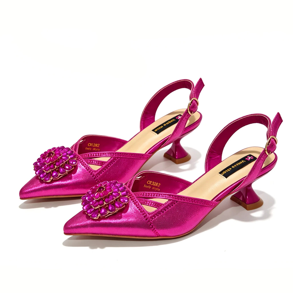 Shimmery Glitter Slingback Women High Heels Fuchsia Shoes and Matching Bag Set Rhinestone Wedding Party Banquet Events