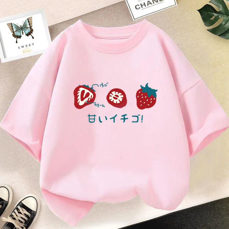 Strawberry Juice Graphic Print T-shirt Girls Aesthetic Pink Tops Tee 2023 Summer New Fashion Kids T Shirt