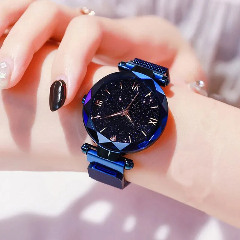 1pcs Moda Feminina Starry Sky Relógios Magnet Buckle Mesh Belt Diamante Quartz Watch Mulheres Vestido Relógio