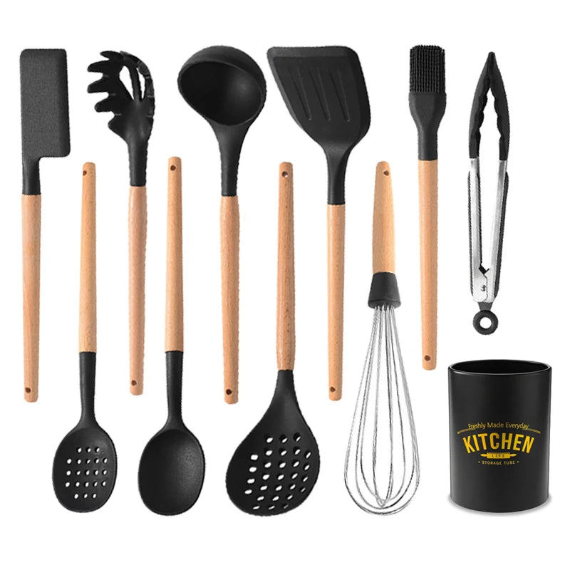 White Silicone Wooden Handle Soup Spoon Spatula Brush Scraper Pasta Egg Beater Non-stick Kitchen Cooking Tools Kitchenware