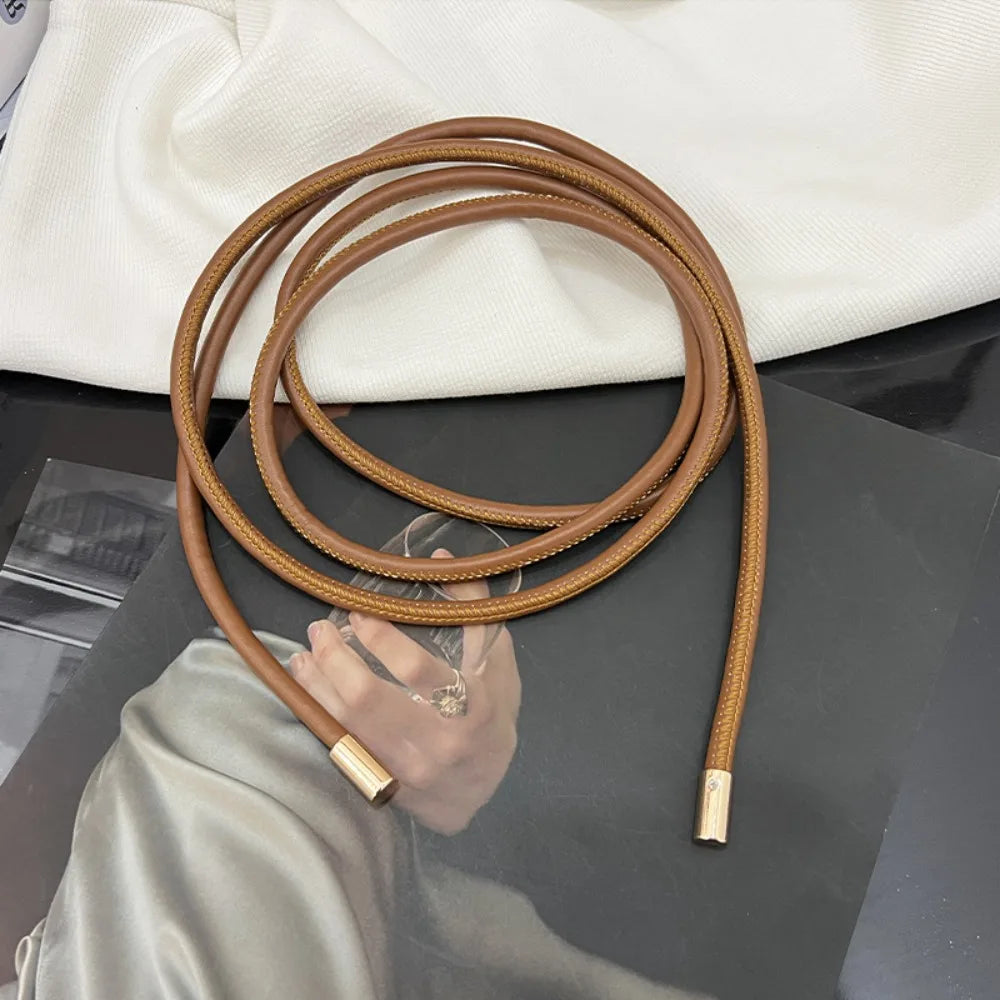 1PC Fashion Round Leather Rope Thin Belt Waist Chain Women Decorative Knotted Waist Rope Decorative Skirt  Coat Sweater Strap