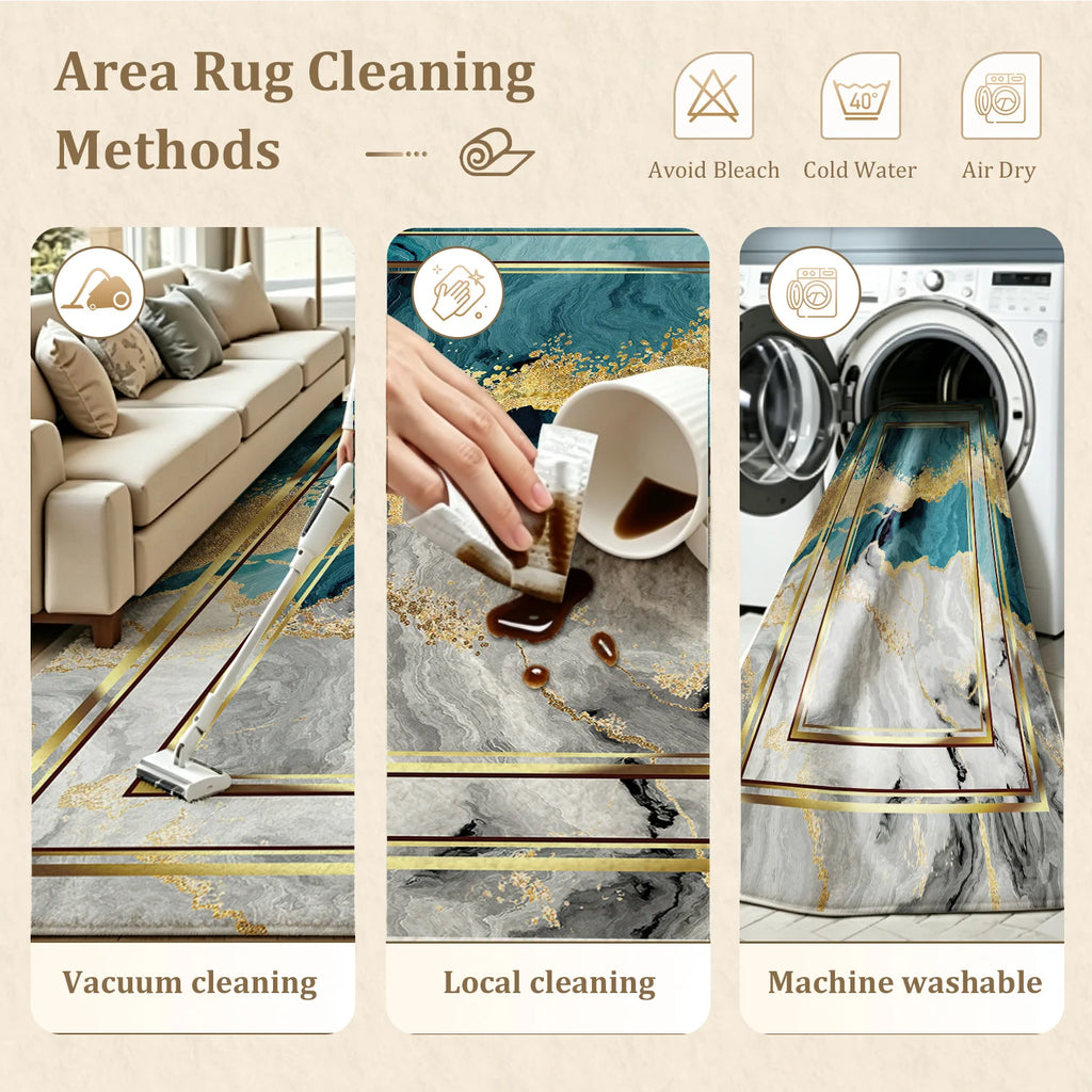 Large Indoor Area Rug, Soft Velvet Low Pile with Non-Slip Dotted Backing, Machine Washable, Teal Gold Marble Abstract Modern Floor Rug for Living Room Bedroom Entryway Home Decor