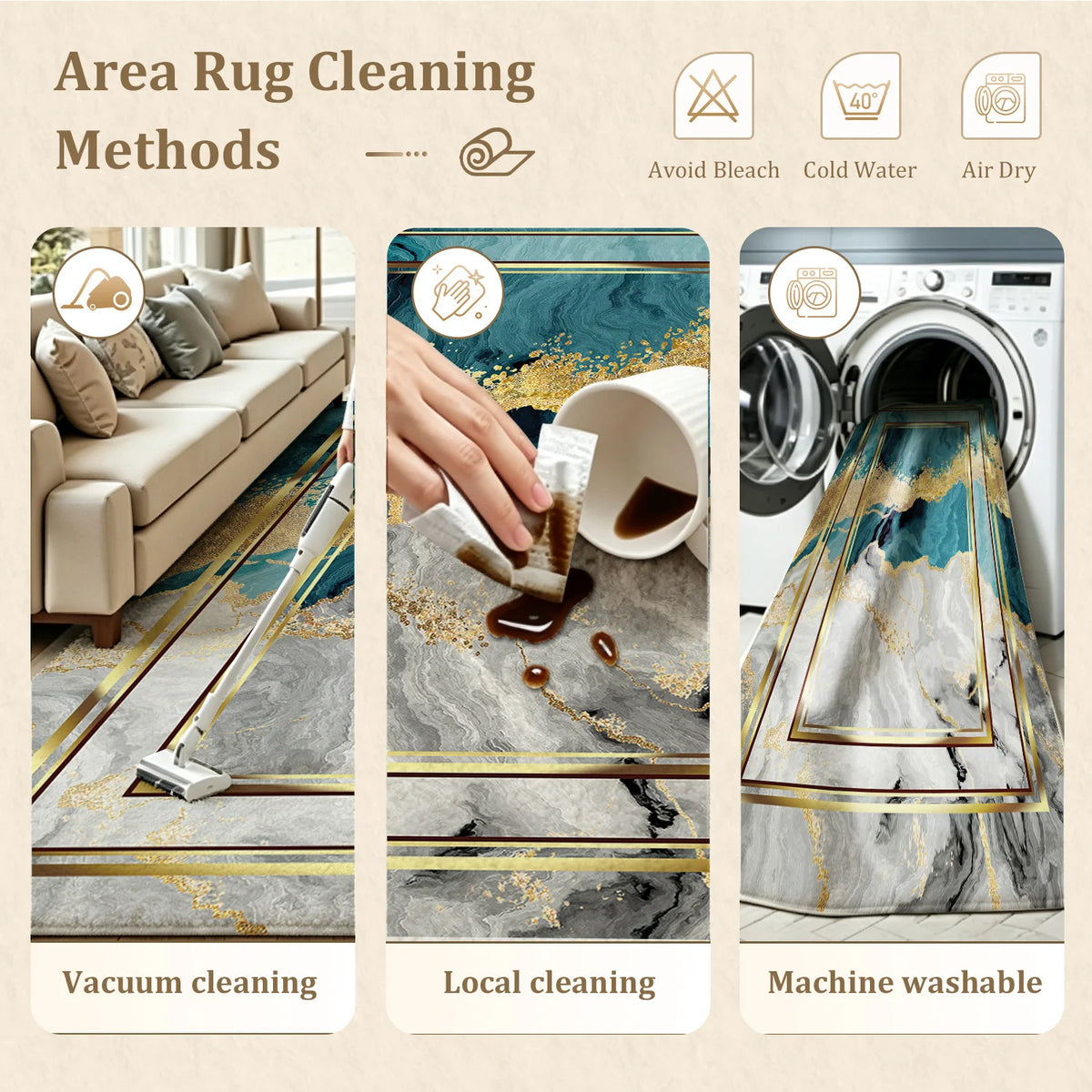 Large Indoor Area Rug, Soft Velvet Low Pile with Non-Slip Dotted Backing, Machine Washable, Teal Gold Marble Abstract Modern Floor Rug for Living Room Bedroom Entryway Home Decor