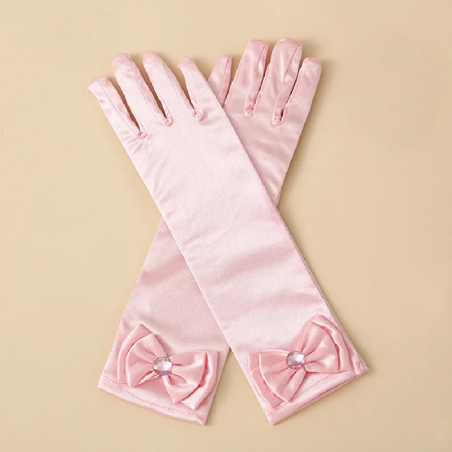 Children's satin princess gloves, girl's butterfly shiny face knot dance performance stage gloves, crystal all finger gloves