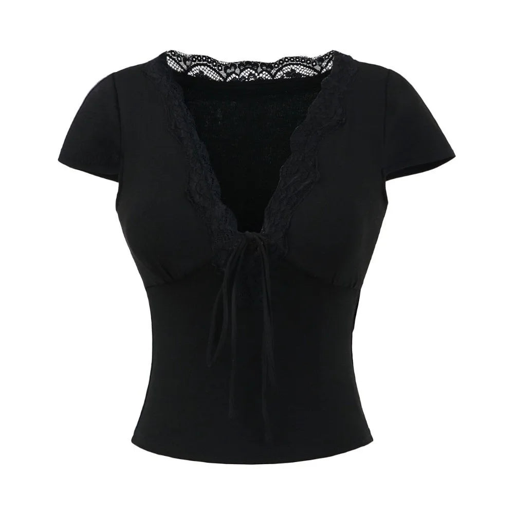 Chic V Neck Slim Crop Tops Short Sleeve Sweet Bottoming T-shirt Lace Elastic Camisole Streetwear