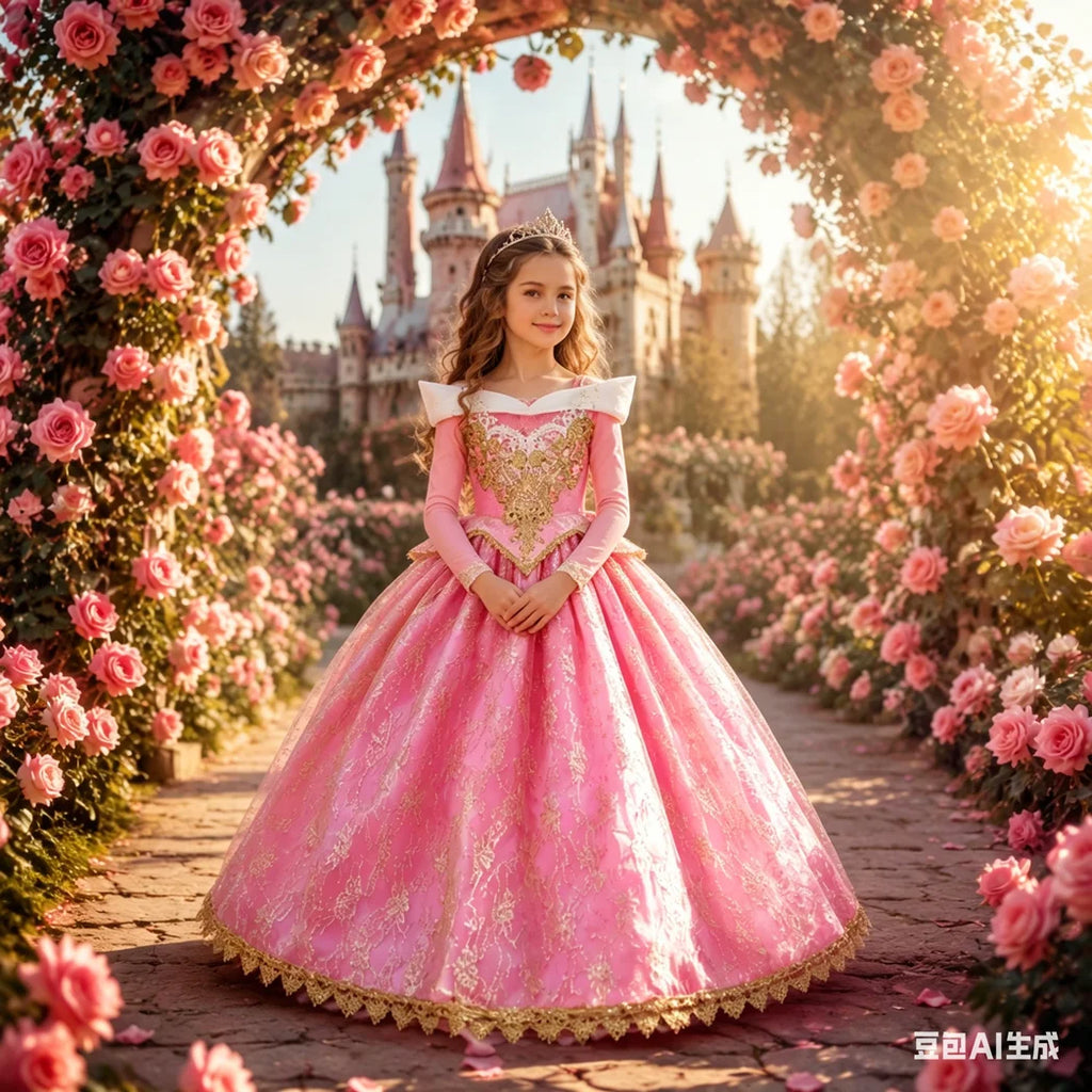 Sleeping Beauty Aurora Pink Gown Long Sleeve Princess Costume for Girls Carnival Birthday Party Cosplay Evening Dress 2-8Y