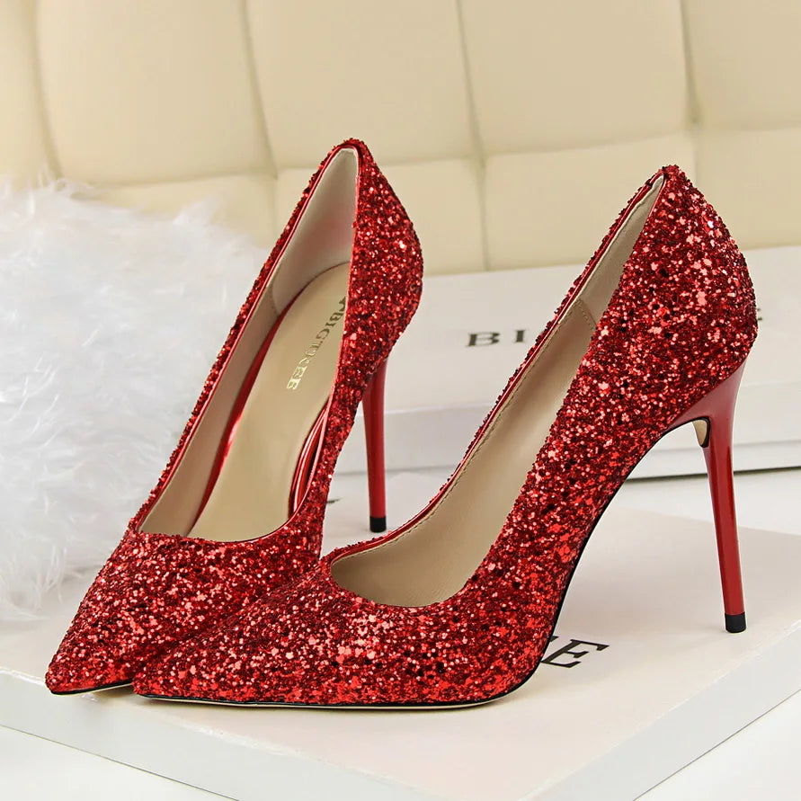 Women 7cm 9.5cm High Heels Bling Pumps Wedding Bridal Scarpins Sparkly Heels Lady Party Sequins Nightclub Evening Gold Red Shoes