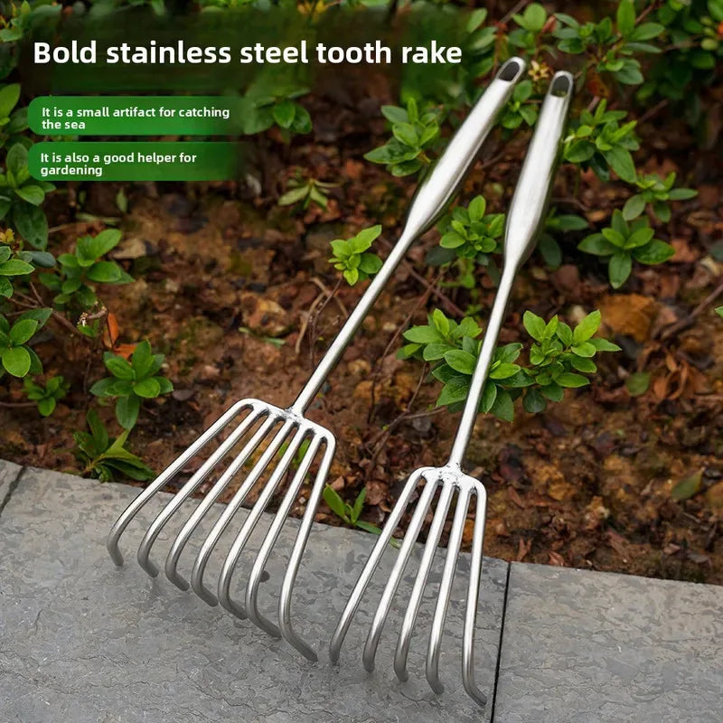 Stainless Steel Small Rake with Integrated Steel Handle Multi-claw Soil Rake for Garden Soil Loosening & Raking Tool