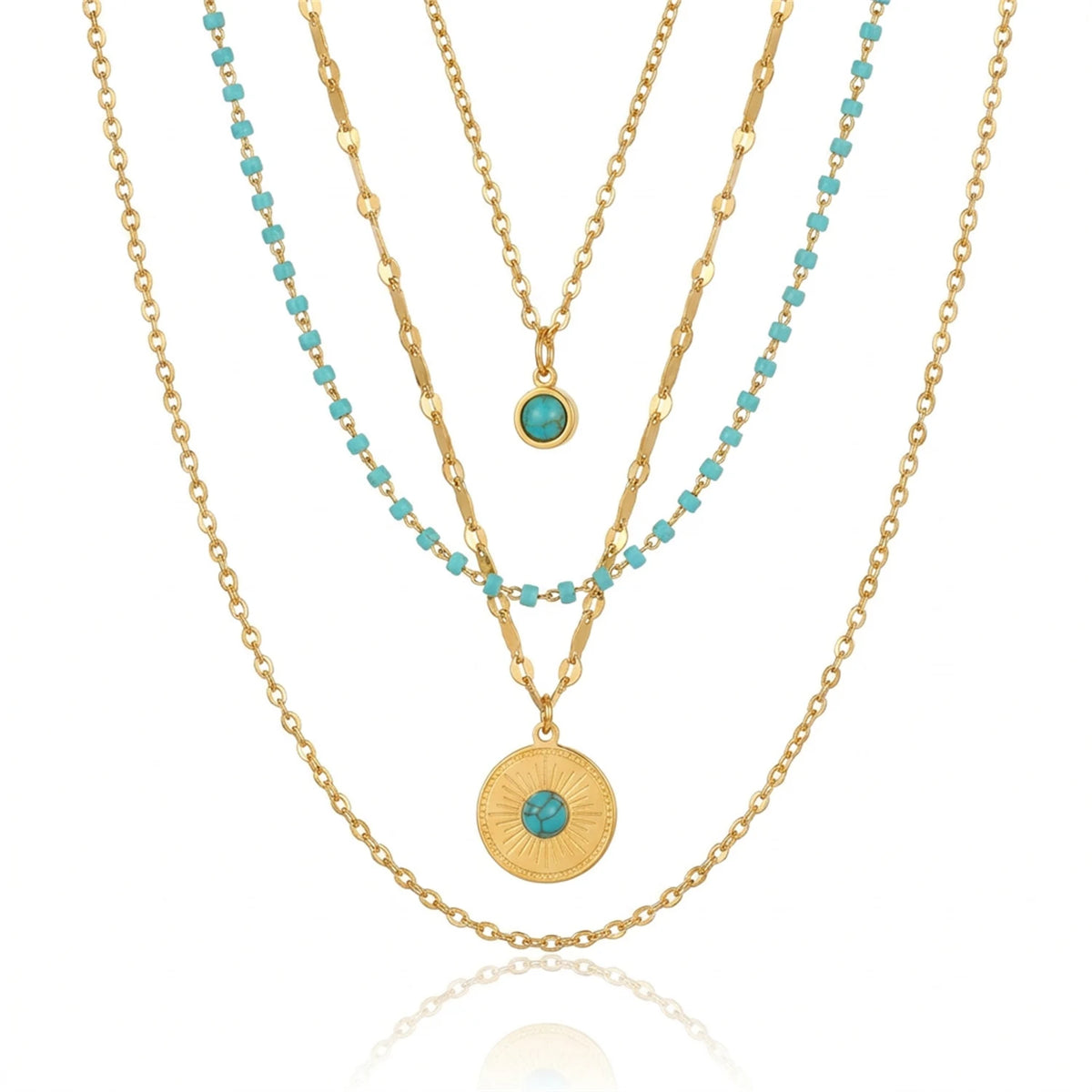 4 PCS Stainless Steel Turquoise Layered Necklace for Women Boho Gold Plated Sun Pendant Party Jewelry Gift for Her Waterproof