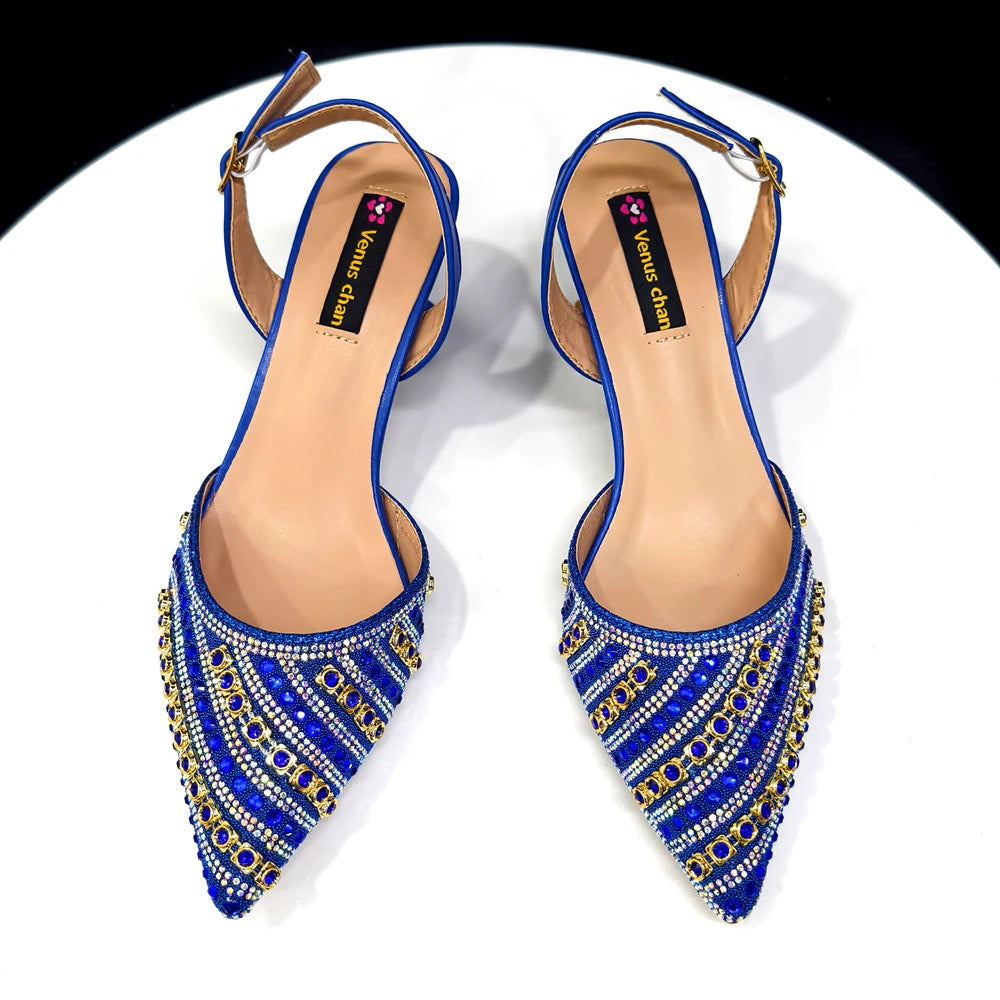 2025 Summer New Design Specials Italian Women Shoes and Bag Set Blue Color Comfortable Low Heels With Rhinestone