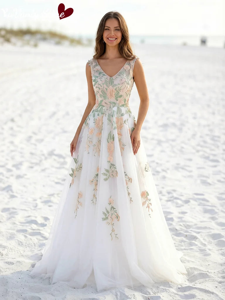 Customized A Line Tulle Wedding Dress Sleeveless V Neck V Back Colorful Floral Embroidery Bridal Gown Beach Wedding Dress