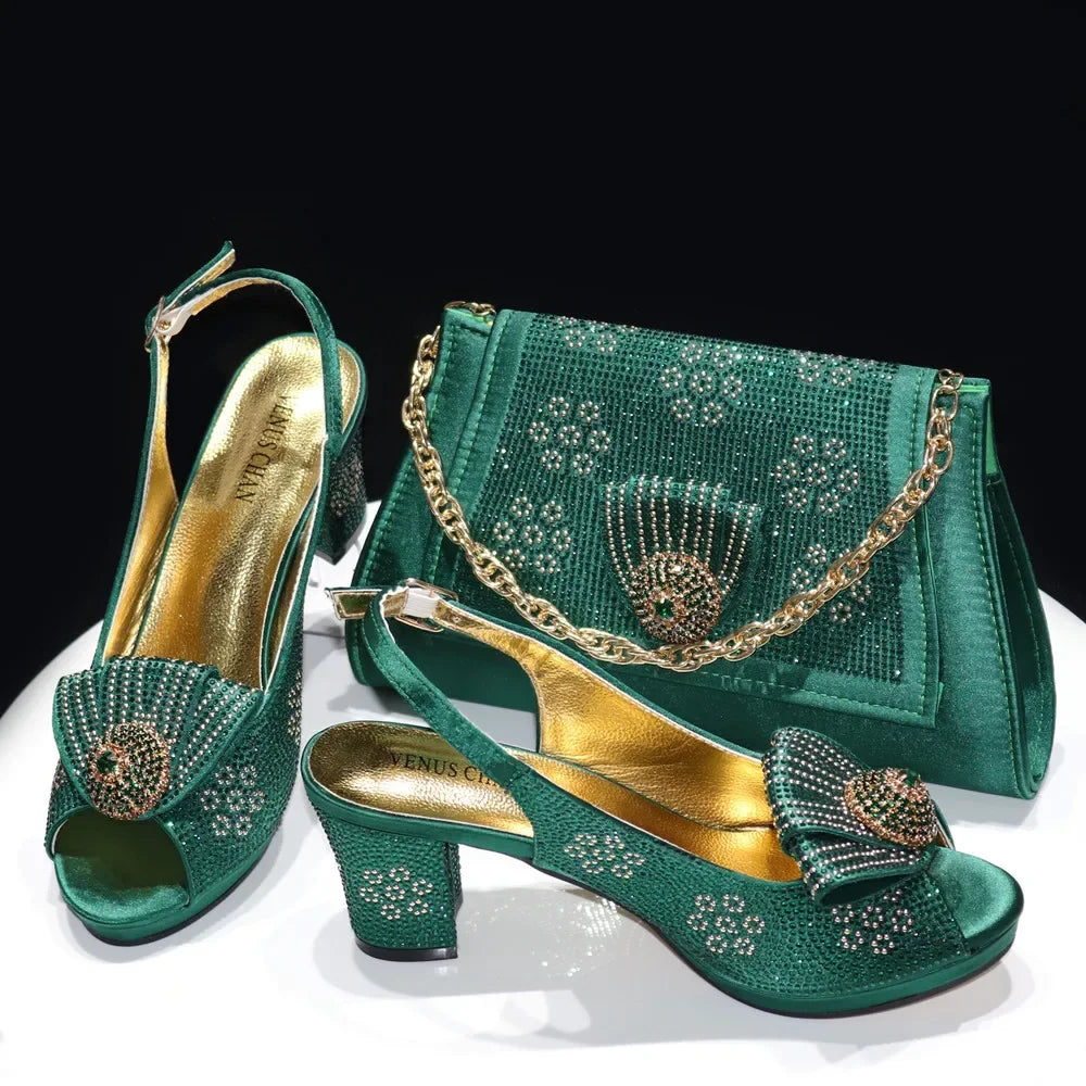 Venus Chan 2024 Italian Shoes And Bag Sets For Evening Party With Stones Italian Satin cloth  Rhinestone bow Handbags Match Bags