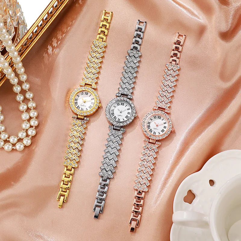 5PCS Elegant Rhinestone Women Quartz Watch Jewelry Set Fashion Ladies Bracelet Strap Wristwatches Reloj Mujer（Without Box）