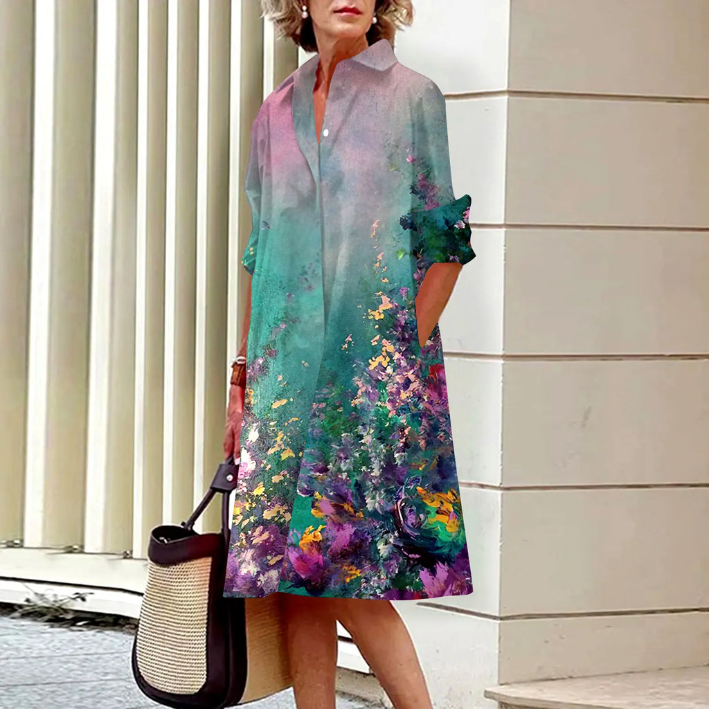 Summer New Women's Dresses Crushed Floral Long Sleeve Lapel Midi Luxury Women's Street Women's Shirt Pocket Temperament 2023