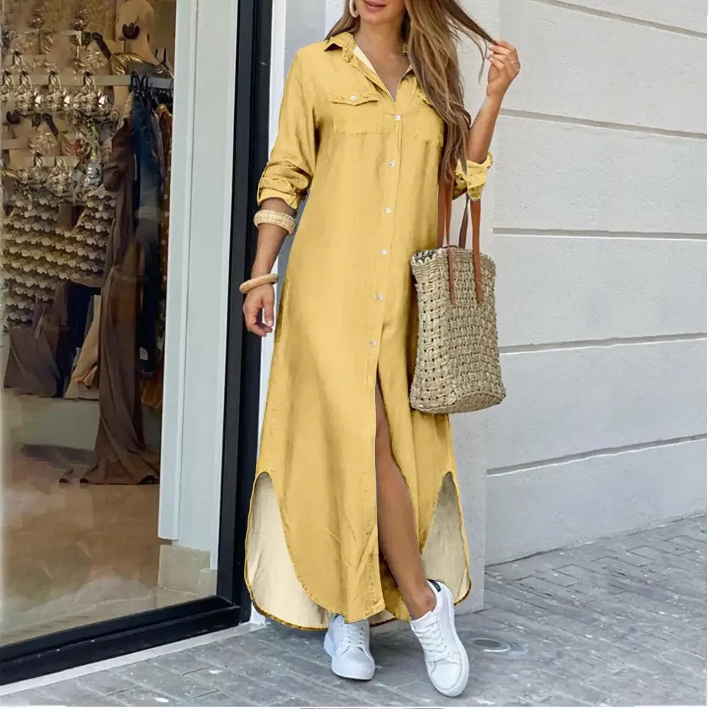 Women Shirt Dress Single Breasted Long Dresses Full Sleeve Turn Down Collar Solid Vestidos Shirts Pockets Split Casual 2025