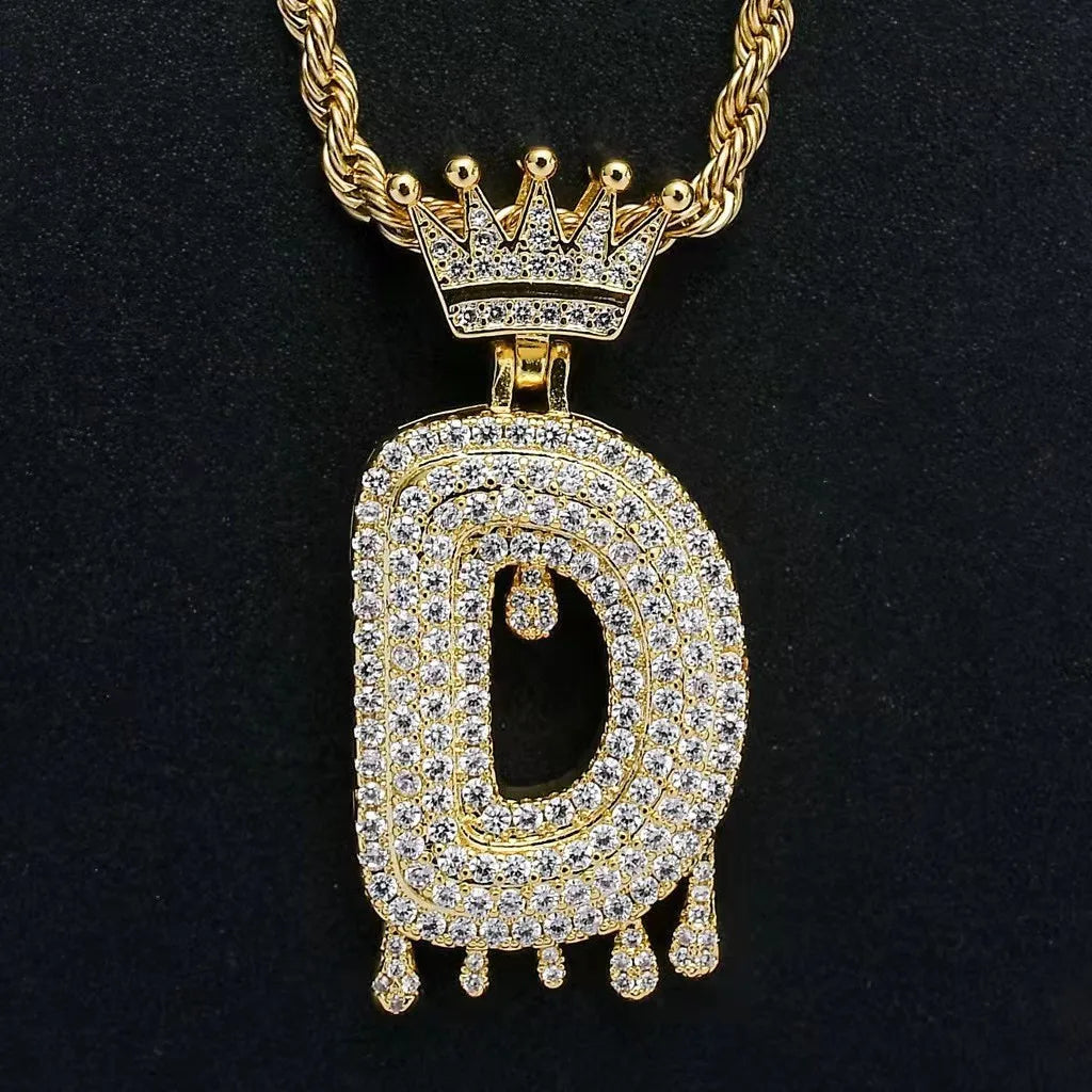 Hip Hop Iced Out Bling Cubic A-Z Drip Crown Zircon Initial Letters Necklaces Pendant Necklace Chain Men Jewelry with Rope Chain