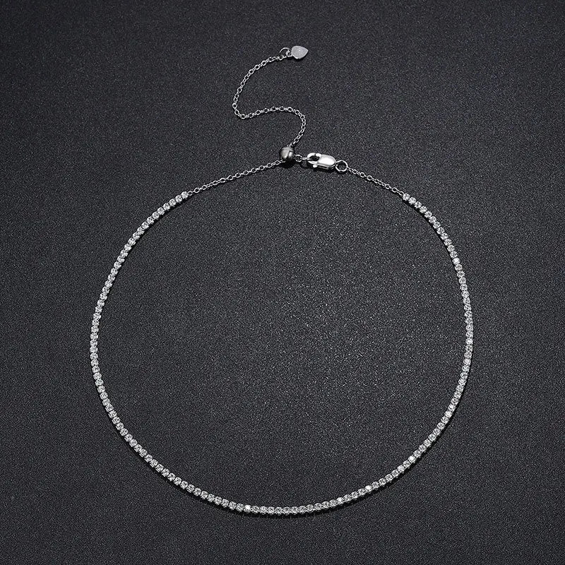 FEOBUR 2mm Moissanite Tennis Necklaces for Women S925 Silver Plated 18K Gold Adjustable Full Diamond Choker Neck Chain Jewelry