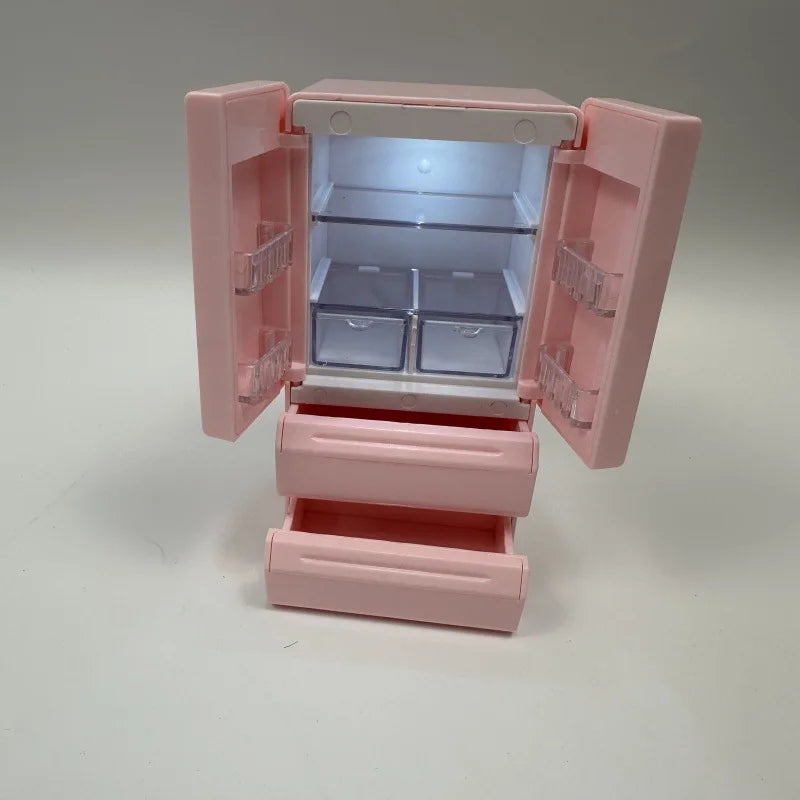 Miniature Refrigerator with Lighting 1:12 Double Door Mini Home Appliance Model Kitchen Scene Playing House Simulation Food Play