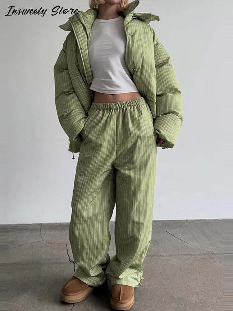Chic Striped Hooded Puffer Coat Set Women Quilted Full Sleeve Zip Jacket Wide Leg Pants 2026 New Lady Autumn Winter Warm Outfit