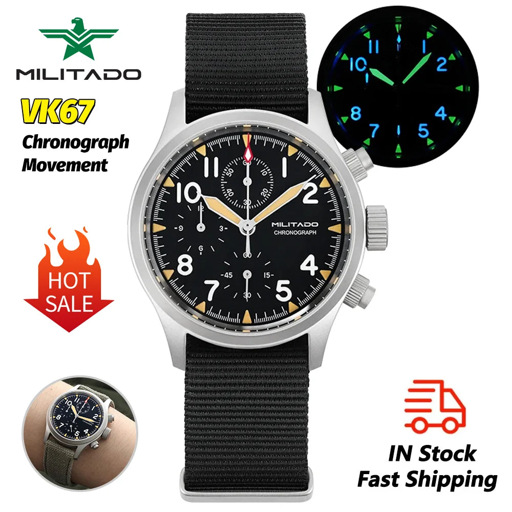 Militado ML1868KF 3 Dial Quartz Watch VK67 Sports Chronograph Watches Man Luminous Sapphire Glass 100M Waterproof 39Mm Watches