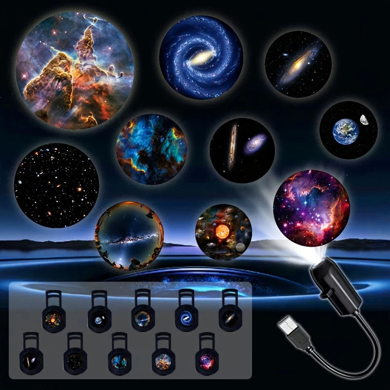 USB Galaxy Projection Lamp,10pcs Patterns LED Light Projects Starry Sky Galaxy Atmosphere Light Festive Decoration Creative Gift