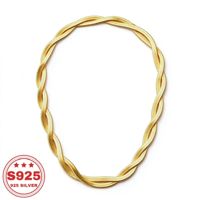 Twisted Herringbone Necklace, 18K Plated S925 Sterling Silver, Intertwined Flat Snake Chain, Unisex Fashion Jewelry, Daily Wear, Anniversary Birthday Holiday Gift, Buy Three Get One Free