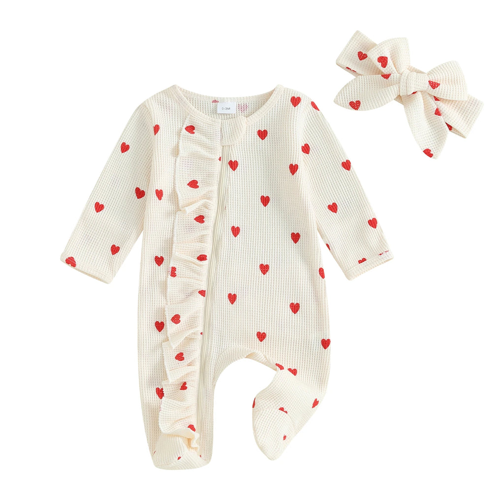 Pudcoco Baby Girls Valentines Day Foot Cover Jumpsuit Long Sleeve Crew Neck Heart Print Ruffle Zipper Footies with Headband 0-6M