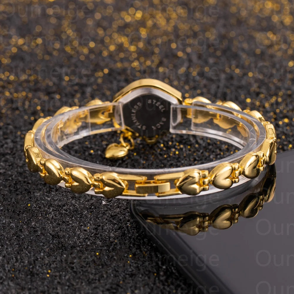 Luxury Women's Watch Fashion Golden Love Heart Bracelet Quartz Wristwatch for Woman Elegant Small Dial Ladies Watch Clock Gift