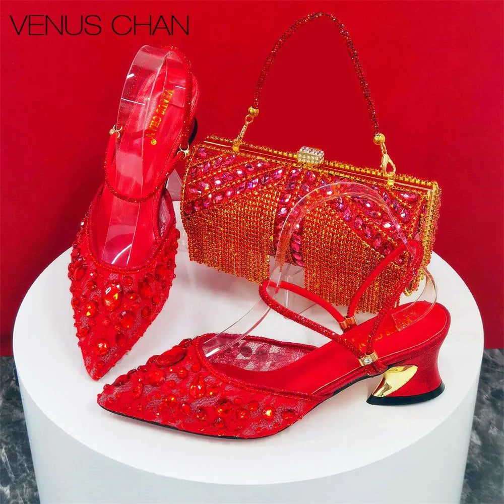 Sandals Woman Summer 2024 Italian Design Luxury Women's Shoes and Wallet Full Diamond Decorative Cylinder Mini Handbag