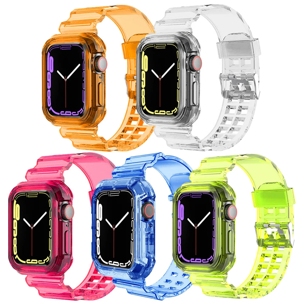 Clear Band + Case for Apple Watch Series 9 8 7 49mm 45mm 44mm 42mm 41mm Transparent Plastic Strap for iwatch 6 SE 5 4 38mm 40mm