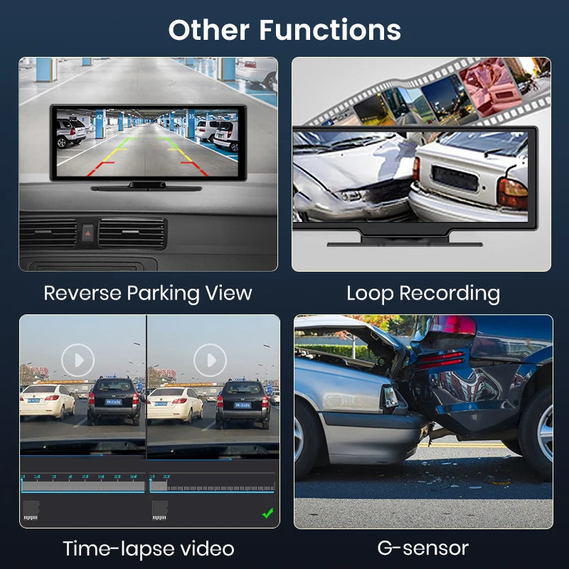 Junsun 10.26 Inch 4K Dash Cam Wireless Apple CarPlay Android Auto GPS Navigation Dual Lens DVR WiFi Rear View Camera Touch Screen Video Recorder Loop Recording G Sensor Multimedia Display