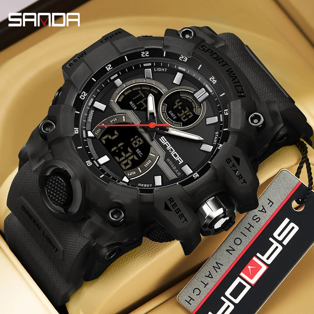 SANDA Digital Men Watch Military Sport Waterproof Wristwatch Man TPU Strap Quartz LED Clock Fashion Stopwatch Date Male Clock