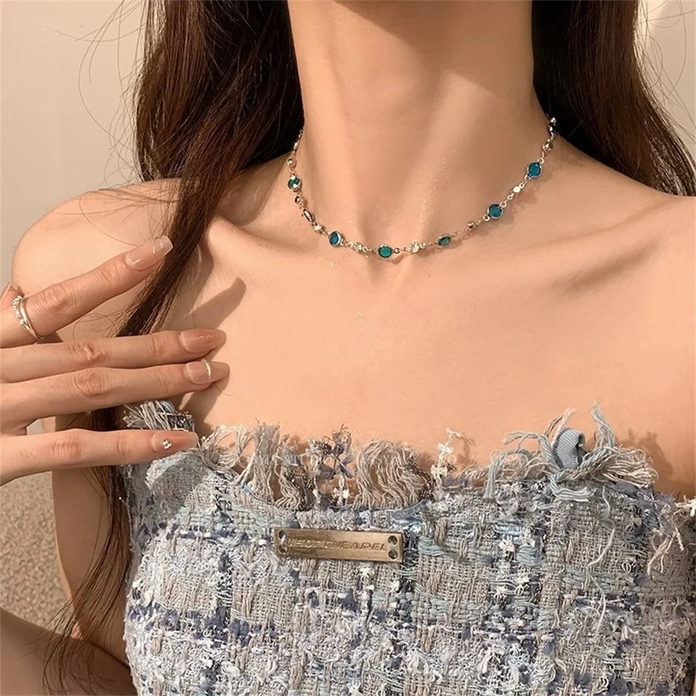 Romantic Blue Crystal Butterfly Necklace for Women Girls Bilayer Choker Clavicle Chain Fashion Delicate Zircon Sparkling Pendant