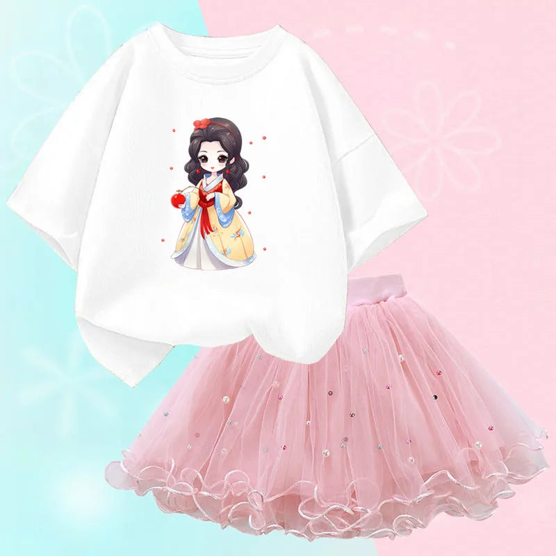 Summer Little Girls Clothing Cute Cat T Shirt& mesh Tutu Skirt Two Piece Set Fashion Korean Children Clothes Outfits 3-14years